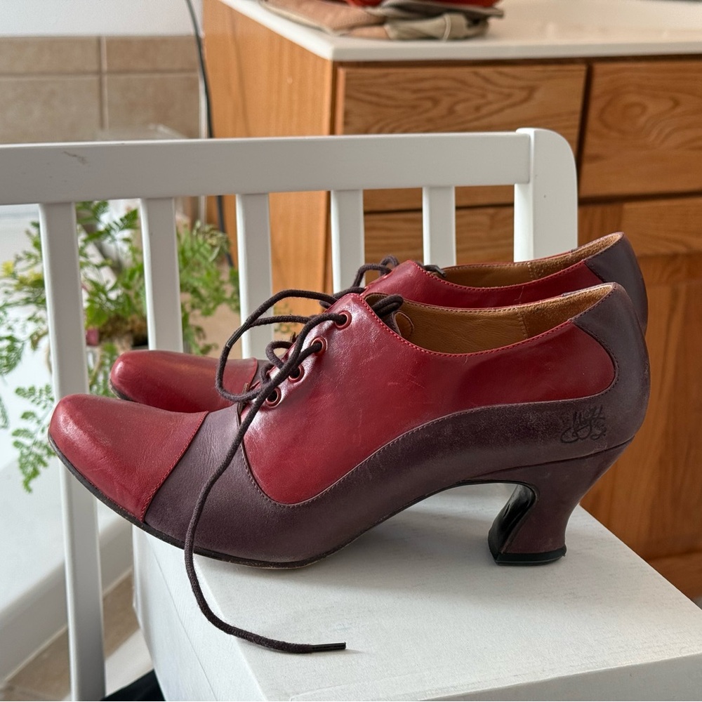 John Fluevog Red and Purple Lace-Up Heels